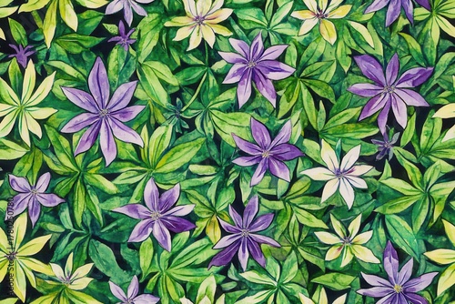 Vibrant Floral Patterns with Purple, Green, and White Blossoms in a Lush Greenery Background