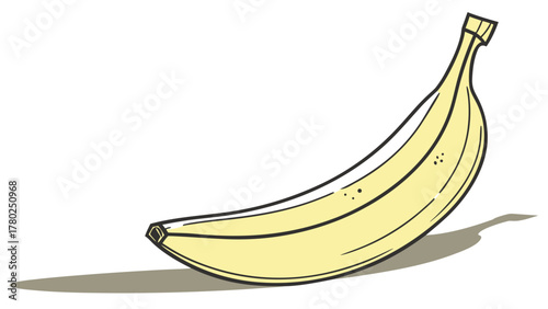 Illustration of a single yellow banana with black outlines and a shadow on a white background on transparent background silhouette