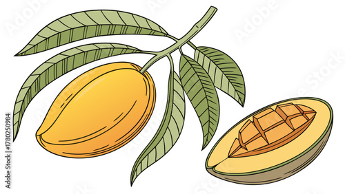 Illustration of a mango on a branch with leaves and a sliced mango showing the inside of the fruit on transparent background silhouette
