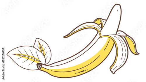 Illustration of a partially peeled banana with leaves attached on a white background vector graphic on transparent background silhouette