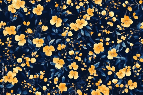 Vibrant Floral Pattern Featuring Yellow Blossoms and Dark Background for Stylish Design
