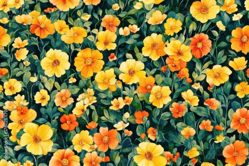 Vibrant Floral Pattern Featuring a Diverse Array of Yellow and Orange Flowers Amidst Lush Greenery