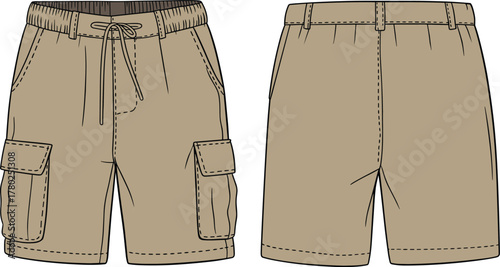 Men cargo shorts technical flat sketch, front and back vector illustration, drawstring waist, pocket detailing design fashion CAD template