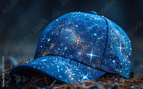 A blue baseball cap with stars on a bed of dry leaves