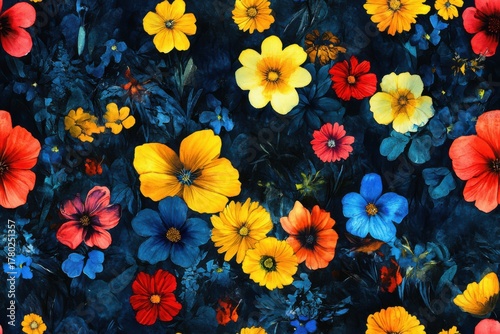 Vibrant Floral Composition Featuring a Colorful Array of Flowers on Dark Background