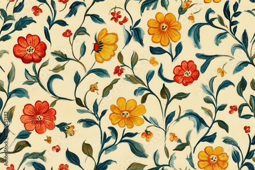 Vibrant Floral Pattern with Red, Yellow, and Green Elements on Cream Background Perfect for Design Projects