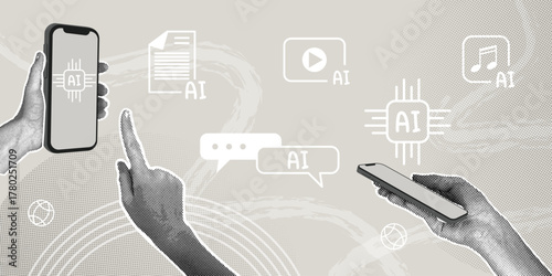 Integrating AI into mobile technologies and content creation. A trendy halftone collage. Content management concept, content creation, AI for automation.