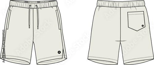 Men’s casual shorts, CAD drawing, technical flat sketch, vector fashion illustration, front and back view, garment template.