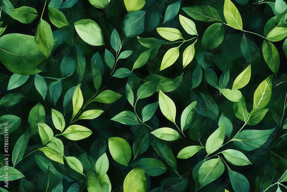 Fototapeta premium Vibrant Green Leaves Overlapping on a Dark Background, Capturing Nature's Intricate Beauty and Mimicking Elegant Patterns