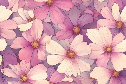 A Beautiful Floral Pattern Featuring Delicate Pink and Purple Flowers in Bloom Captivating Nature's Splendor