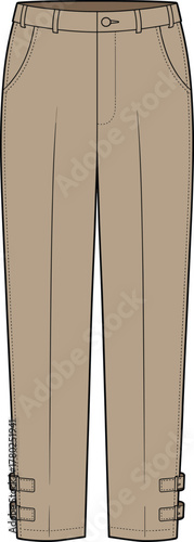 Men’s casual trousers fashion flat sketch with ankle strap detail, front pockets, tailored fit, CAD drawing flat vector illustration