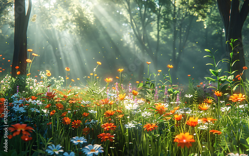 A field of flowers bathed in sunlight in the forest