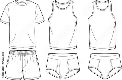 Men innerwear cad vector set, t-shirt, tank top, briefs, technical fashion flat drawing, apparel design illustration, clothing sketch