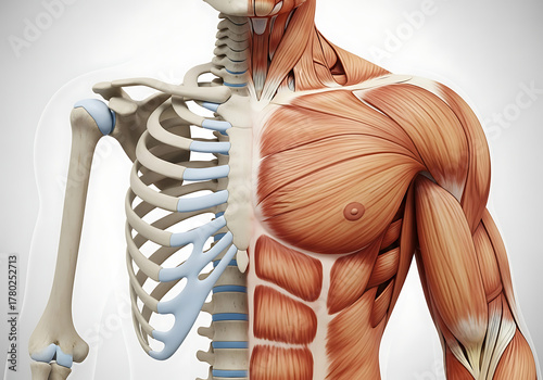 Anatomical illustration showing the human muscular system and skeletal structure