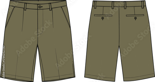 Men’s chino shorts flat sketch, technical fashion CAD drawing, front and back view, vector apparel illustration, clothing design template.