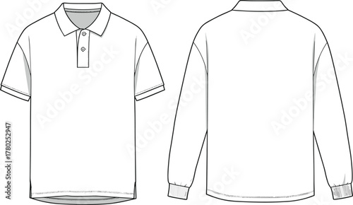 Men polo shirt technical flat, long sleeve back, short sleeve front, vector template, fashion cad, design sketch, illustration mockup