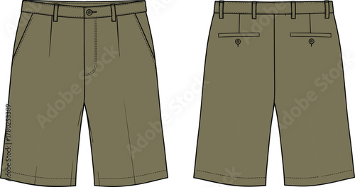 Men’s chino shorts vector flat sketch, classic knee-length tailored design, fashion CAD drawing, template for apparel designers.
