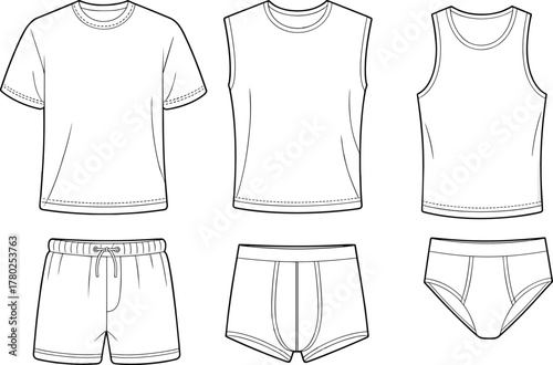 Men t-shirt tank top briefs shorts flat sketch, technical fashion cad drawing, underwear set vector illustration, innerwear clothing design