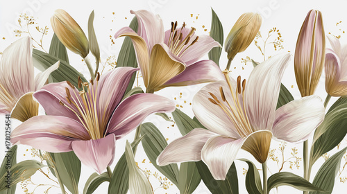 Elegant wedding invitation card white background . Minimal hand painted watercolor Lilly flowers texture template background. Design for wedding, vip cover, poster, rsvp modern card.Valentine's Day