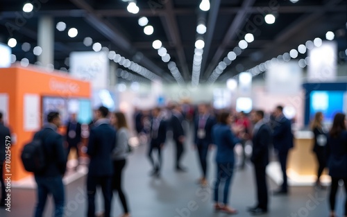 Wallpaper Mural Blurred exhibition hall filled with business professionals networking at trade show. Modern venue features bright ceiling lights and colorful booth displays. Attendees explore various stands. Torontodigital.ca