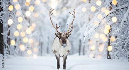 A reindeer stands in a snowy forest with bokeh lights