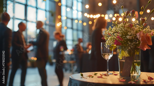 Table centerpiece at a business event with people around