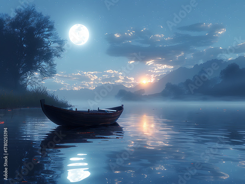 A boat on a lake under a full moon at night landscape