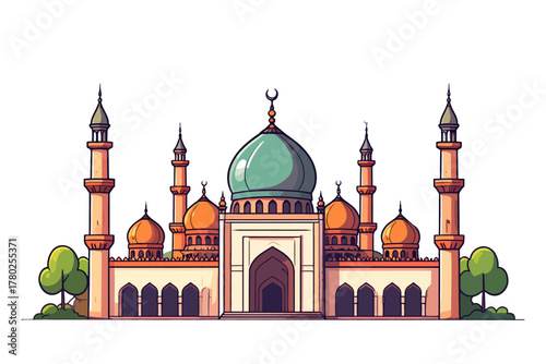 A visually appealing illustration of a grand mosque with multiple minarets and a prominent dome, showcasing Islamic architecture and cultural significance