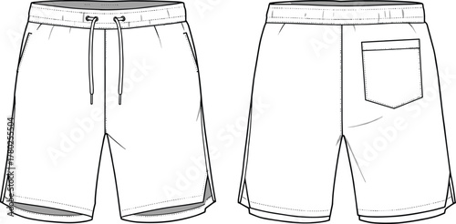 Men’s drawstring casual shorts flat technical sketch, front and back view, fashion design CAD template, vector apparel illustration