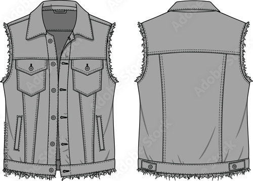 Men’s denim vest CAD, sleeveless jacket technical sketch, distressed hem, front and back views, vector fashion flats.