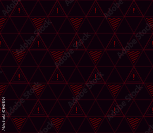 Seamless pattern with red triangles, diagonal lines, exclamation mark warning symbols, convey danger