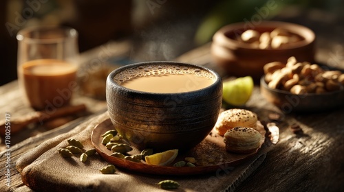 Fototapeta Naklejka Na Ścianę i Meble -  Warm cup of spiced tea with lemon and snacks on rustic table setting in cozy indoor environment