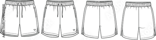 Men’s athletic shorts flat sketch, technical drawing vector, sportswear design front and back view, casual activewear outline template