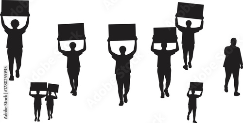 Protest silhouettes holding blank signs, demonstration crowd illustration, activism people vector, political rally graphic, social movement artwork, public expression concept, 