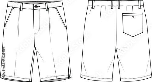 Men’s flat front tailored shorts technical sketch, back patch pocket, classic casual wear design, fashion vector outline front back view