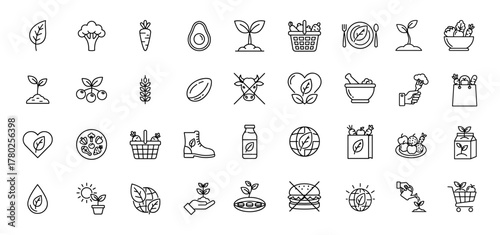 Eco Friendly Lifestyle Icon Collection Simple Line Style Design Featuring Vegan Food Plant Based Products and Sustainable Living Concepts Minimalist Outline Vector Symbols
