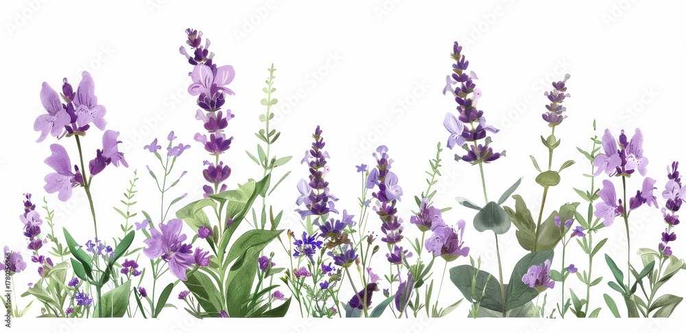 Naklejka premium Watercolor Painting of Lavender Flowers and Greenery on White Background Delicate Floral Illustration