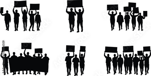 Protest crowd silhouette, activist group holding blank signs, demonstration unity, social movement, political rally, civil rights march, collective action, public expression, 