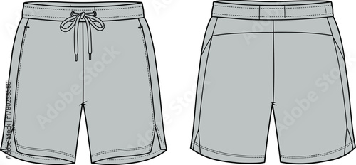 Men’s athletic shorts technical fashion flat sketch, vector CAD drawing template with drawstring, activewear sports shorts design.