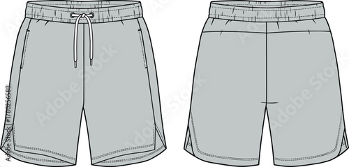 Men’s athletic shorts technical flat sketch with drawstring waistband, curved hem, and side pockets, vector template.