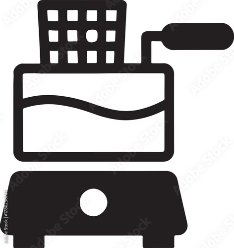   Deep fryer basket and oil icon representing cooking, frying, kitchen appliance, and food preparation.