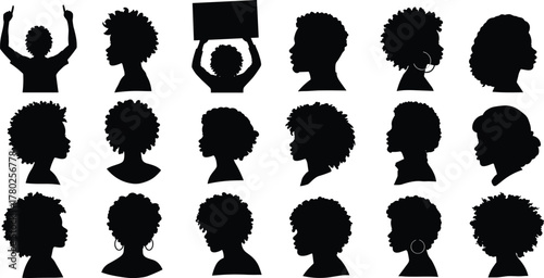 Afro silhouette collection, diverse curly hairstyles, cultural identity, black hair art, textured profiles, natural beauty, ethnic diversity, hairstyle variations, artistic expression, 