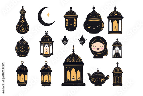 Ramadan lanterns and crescent moon, traditional Islamic cultural motifs for festive celebrations