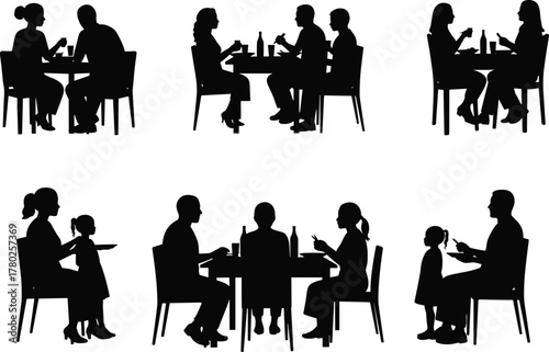 Dining silhouettes, family dinner, social interaction, restaurant table, people eating, conversation, children with parents, lifestyle illustration, communication,