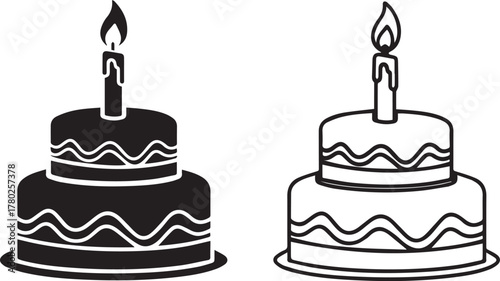 Black and white outline birthday cakes with lit candles