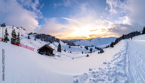 A panoramic view of a snow-covered mountain landscape at sunrise, showcasing a wooden cabin and ski tracks