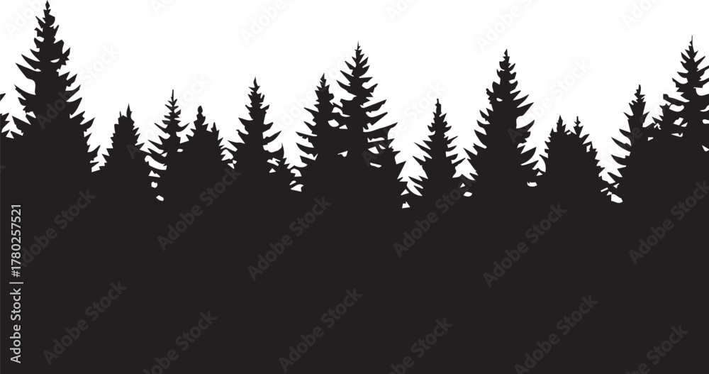 Obraz premium Black Silhouette of Pine Forest Against White Background