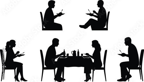 Dining silhouettes, people eating, couples at table, social interaction, restaurant scene, minimalist design, black silhouettes, lifestyle concept,
