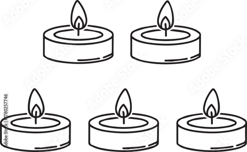 Five lit tea light candles in a simple outline style