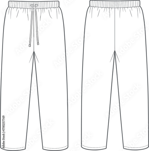 Men’s basic sweatpants flat vector, front and back view, drawstring waist, fashion CAD sketch, apparel technical illustration